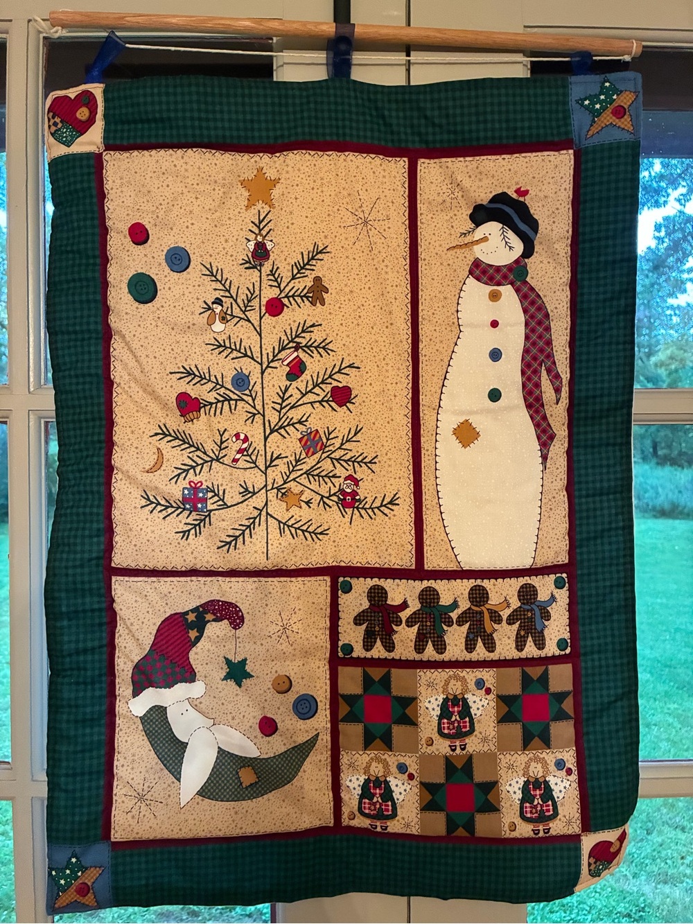 Handmade Holiday Wall Quilt - Green Plaid with Snowman & Tree